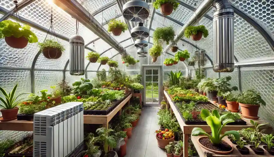 A greenhouse filled with a variety of plants, showing effective temperature control with visible heaters