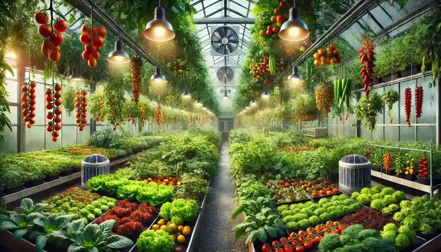 A lush greenhouse filled with various plants, showing tomatoes, lettuce, cucumbers, and peppers growing in a controlled environment