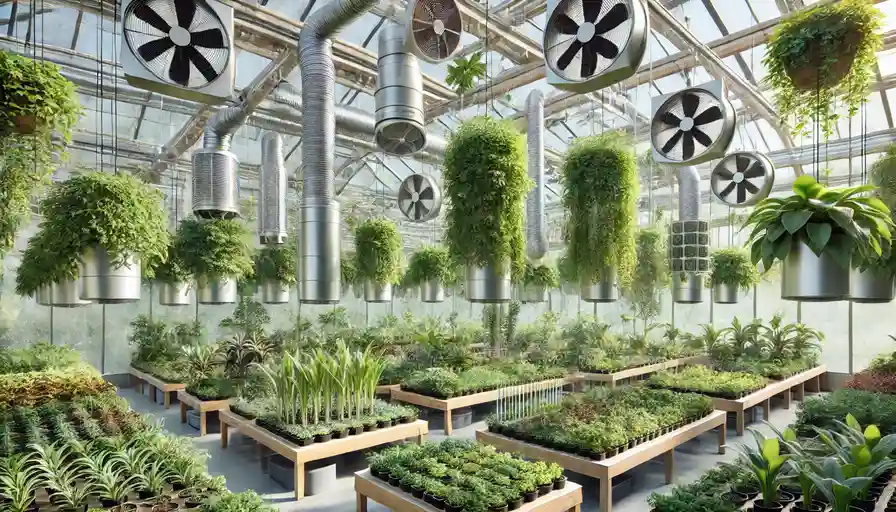 A variety of plants in a greenhouse with natural and mechanical ventilation systems visible