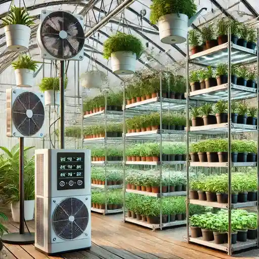 Efficient Greenhouse Designs A greenhouse interior with automated systems including automated irrigation and climate control