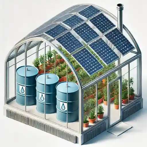 Efficient Greenhouse Designs A greenhouse with solar panels on the roof, showing water barrels inside for thermal mass storage