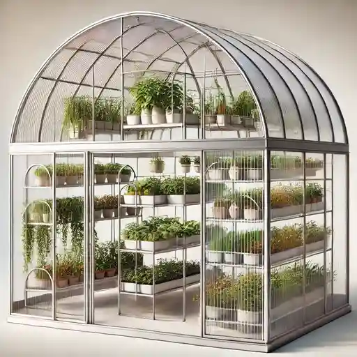 Efficient Greenhouse Designs with a dome shape, showing aluminum frames and polycarbonate covering