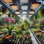 Inside a greenhouse, showing a variety of exotic plants like orchids, roses, and poinsettias thriving