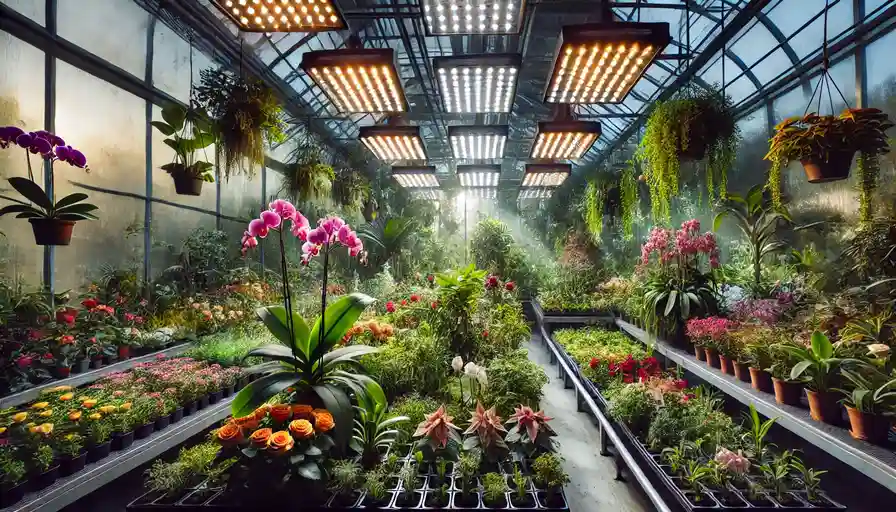 Inside a greenhouse, showing a variety of exotic plants like orchids, roses, and poinsettias thriving