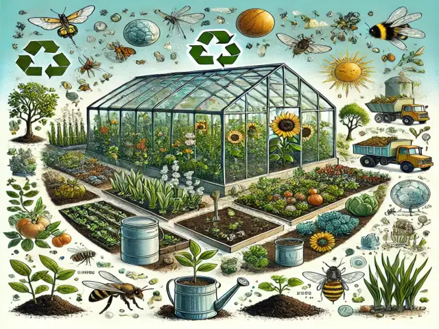 A detailed image showing the benefits of organic greenhouse farming for the environment