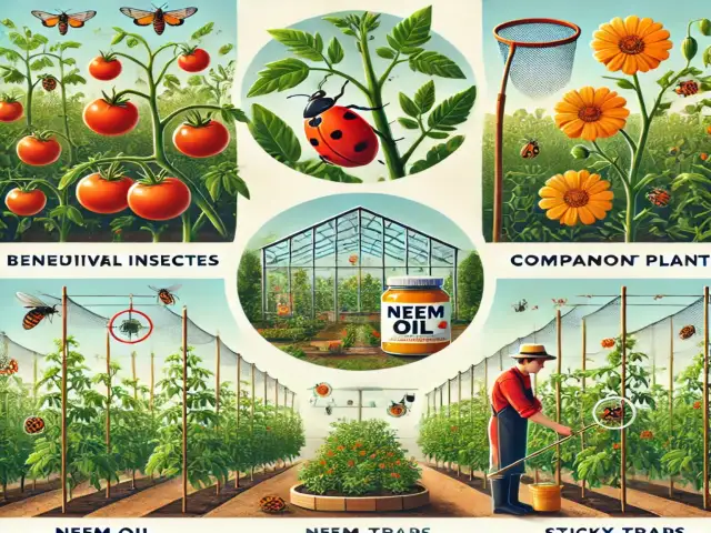 Illustrating natural pest control methods in an organic greenhouse