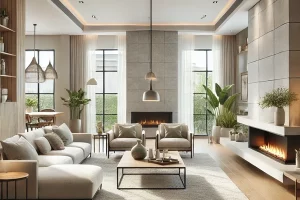 A featured image of an open concept living room with a corner fireplace