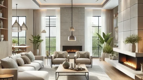 A featured image of an open concept living room with a corner fireplace