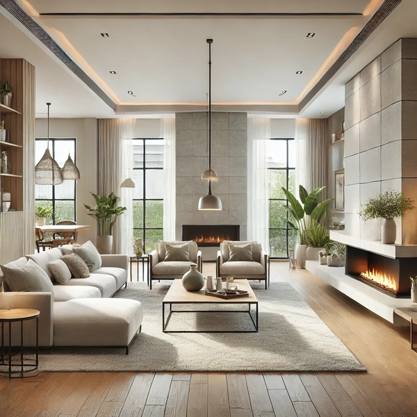 A featured image of an open concept living room with a corner fireplace