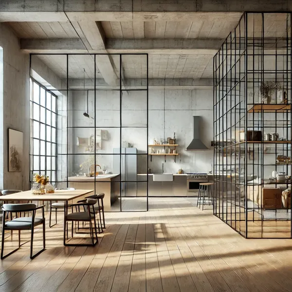 A modern industrial interior design showcasing an open floor plan with interconnected kitchen, dining, and living areas