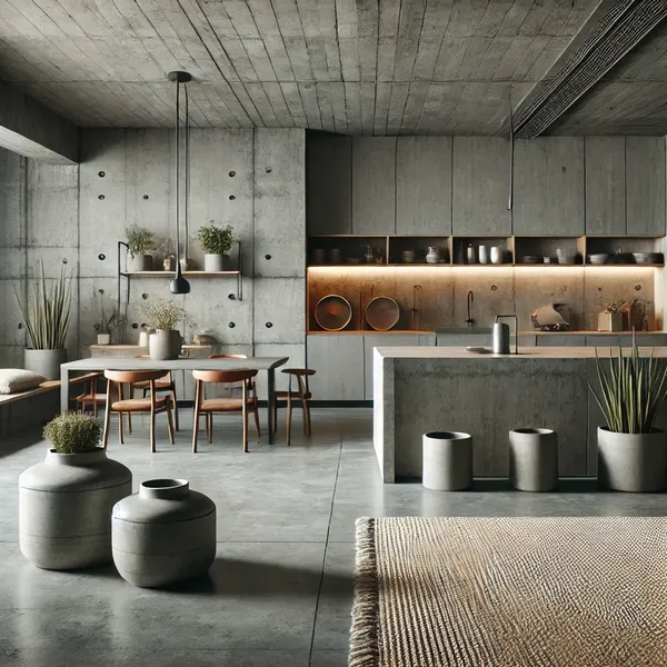 A modern industrial interior design space with concrete accents