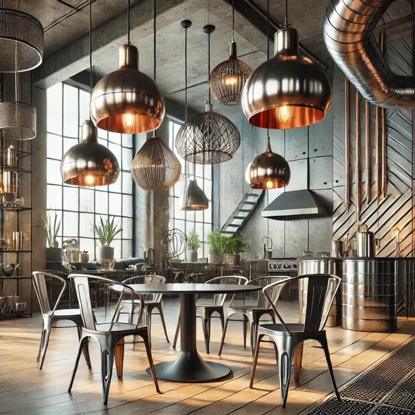 A Modern Industrial Interior Design Ideas space featuring metal finishes such as steel pendant lighting, metal chairs, and a table with iron