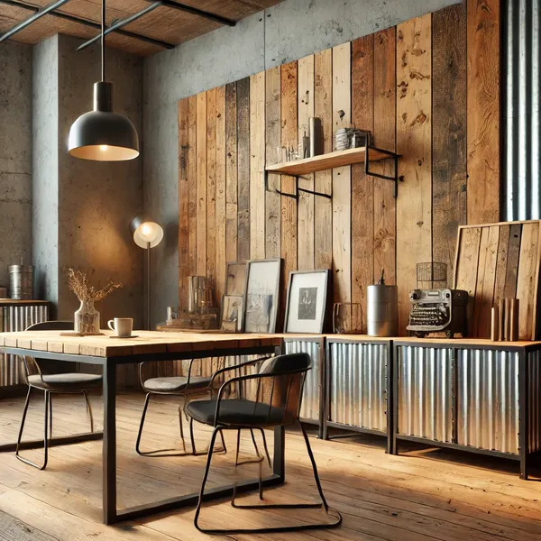 A modern industrial interior space featuring reclaimed wood elements