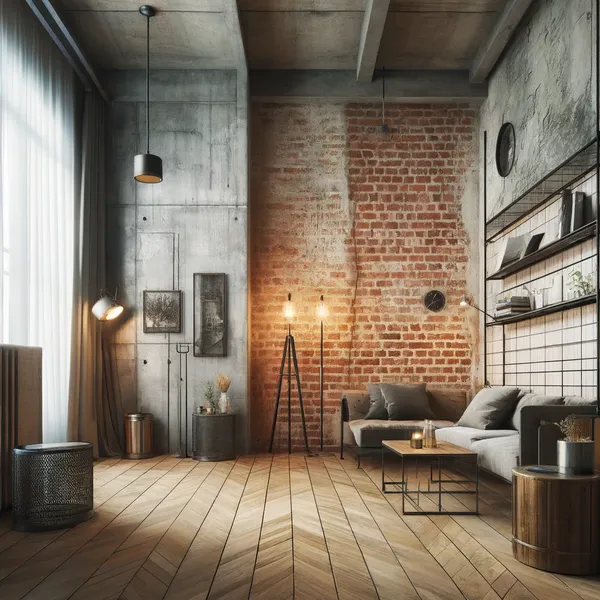 An interior room with a modern industrial design featuring exposed brick walls