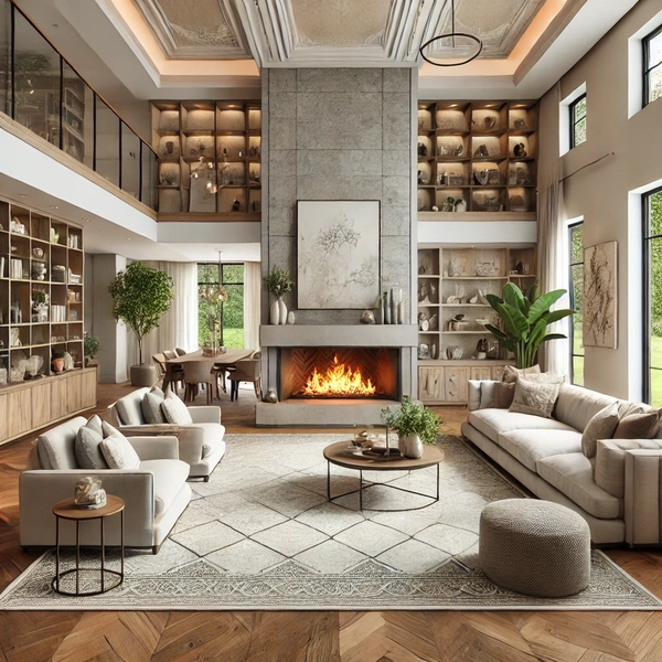 An open concept living room with a corner fireplace showcasing the best materials