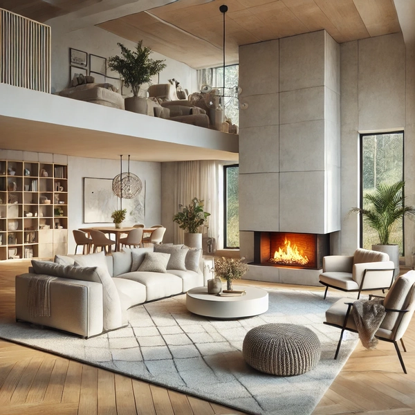 An open concept living room with a cozy corner fireplace