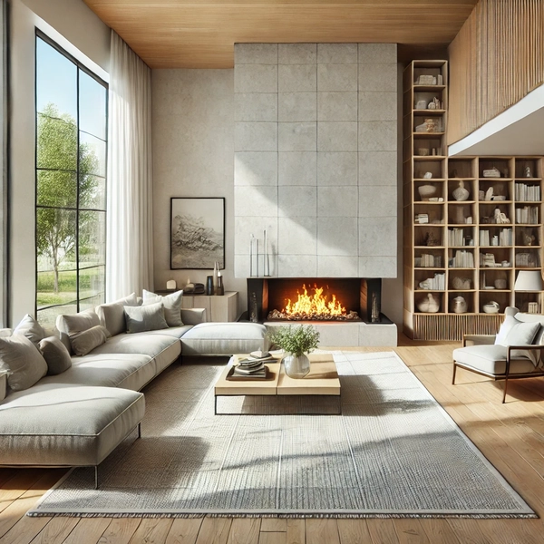 Furniture ideas for an open concept living room with a corner fireplace